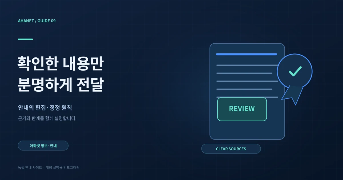 문서와 검토 도장 및 출처 연결을 표현한 편집 원칙 그림